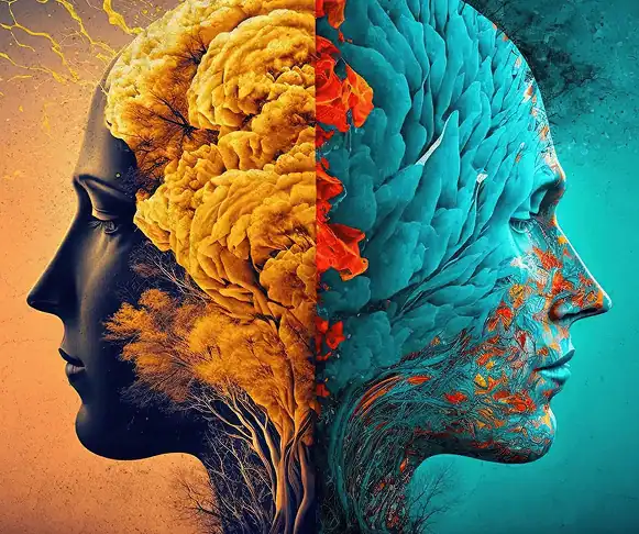 Surreal artwork of two human faces in profile, one side in warm orange tones with tree-like structures resembling a brain.