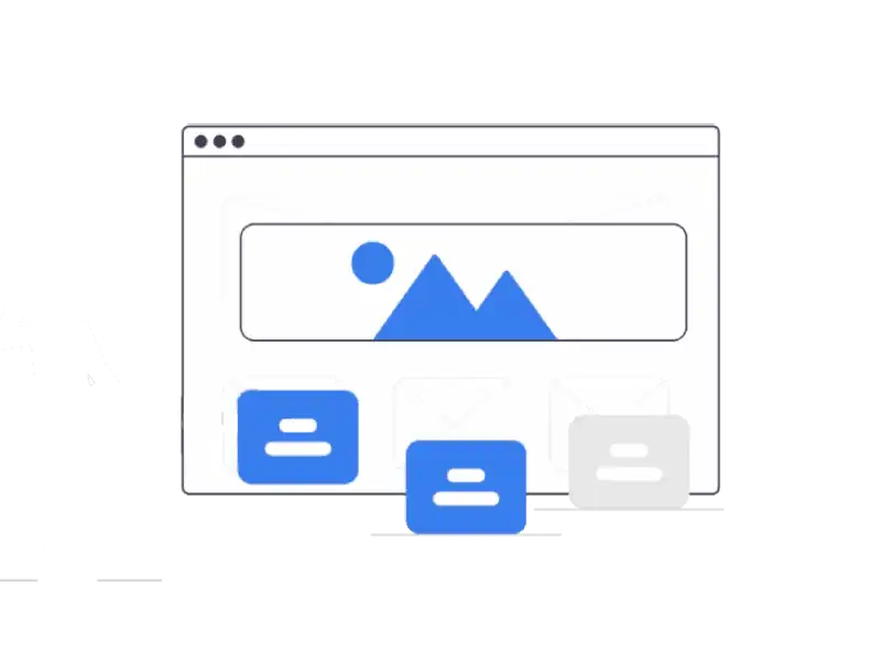 Une illustration vectorielle d'une fenêtre de navigateur web affichant le wireframe d'un site. On y voit une bannière avec un