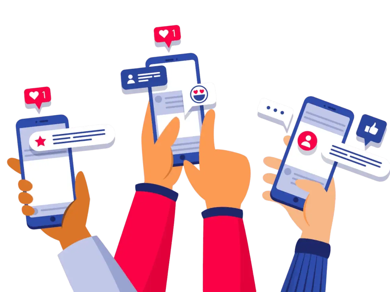 Une illustration de trois paires de mains tenant des smartphones. Chaque téléphone affiche des activités de réseaux sociaux c